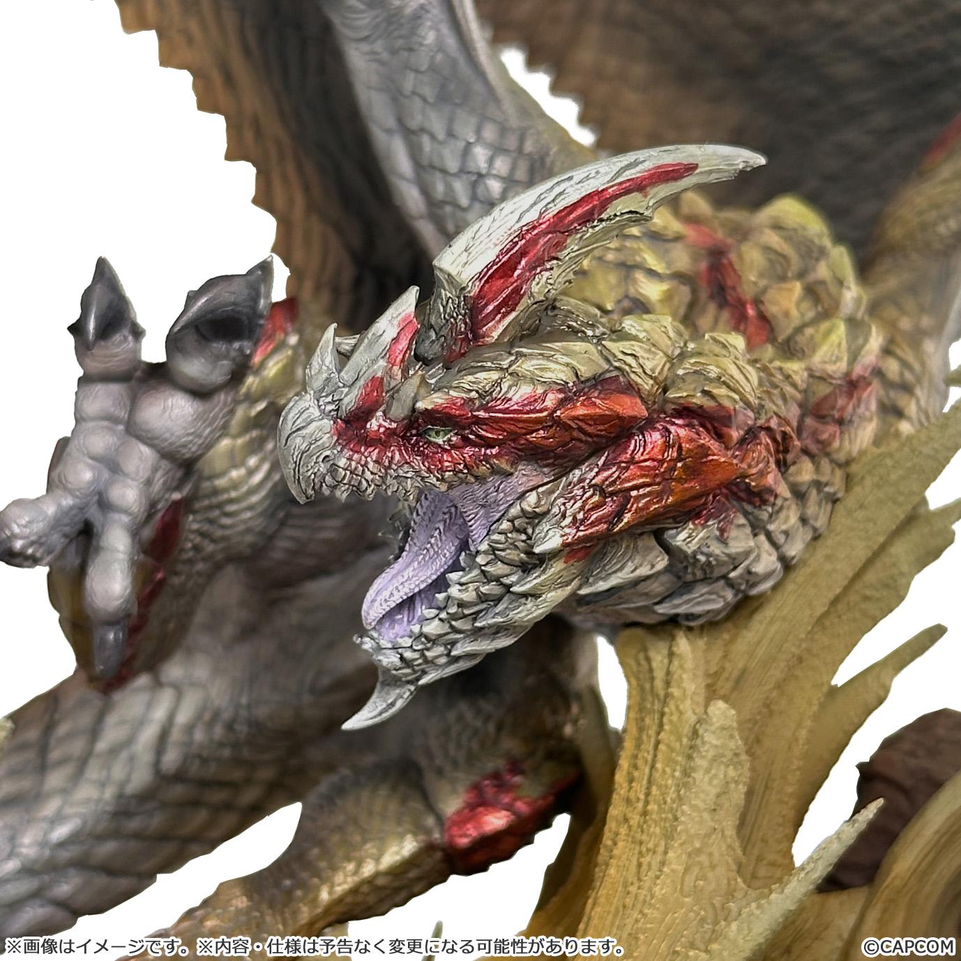 Detailed close-up shot of the roaring head sculpt of the Seregios figure featuring red-accented scales and sharp teeth.