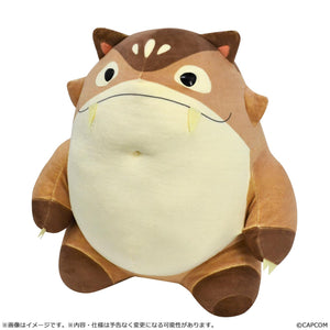 Front view of the Capcom Monster Hunter Wilds Wudwud Barrel B Mochi-Cuddly plush featuring a round body and small yellow tusks.