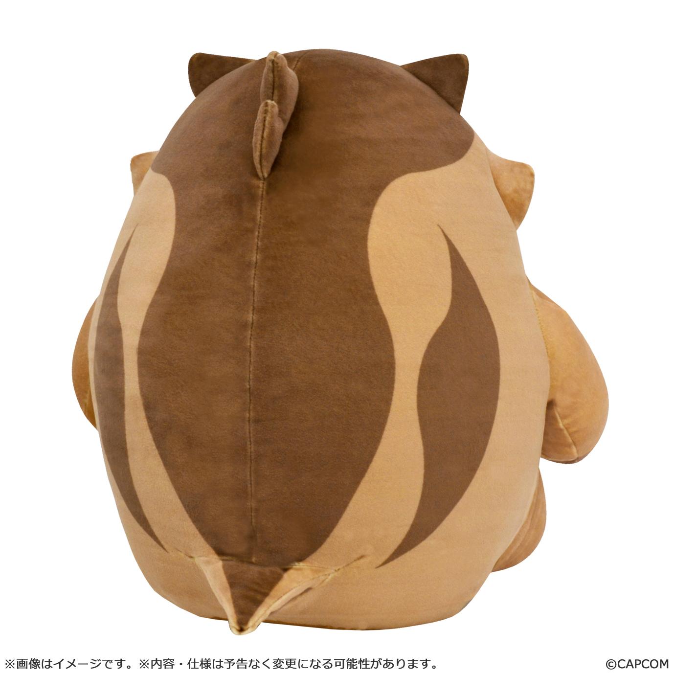 Back view of the Capcom Wudwud Barrel B Mochi-Cuddly plush highlighting the brown back patterns and small tail.