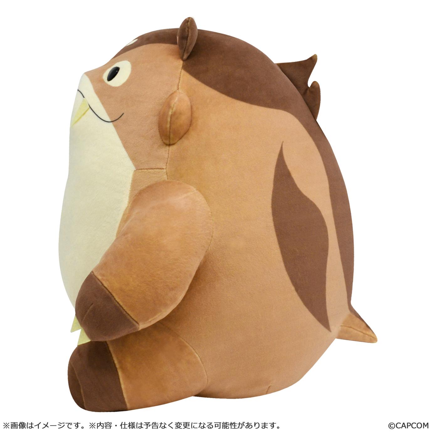 Side profile view of the Monster Hunter Wilds Wudwud Barrel B plush showing its round shape and brown back stripes.