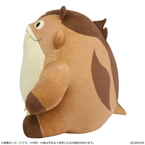 Side profile view of the Monster Hunter Wilds Wudwud Barrel B plush showing its round shape and brown back stripes.
