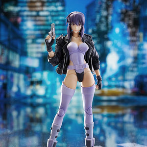 Motoko Kusanagi model kit posed against a blurred neon cyberpunk city background, holding a Seburo M-5 pistol.