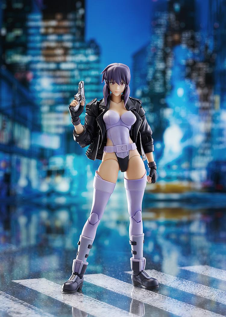 Motoko Kusanagi model kit posed against a blurred neon cyberpunk city background, holding a Seburo M-5 pistol.