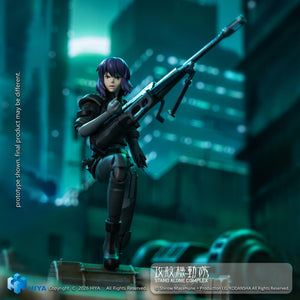 Motoko Kusanagi 1/12 scale action figure stepping forward while carrying a large anti-tank sniper rifle.