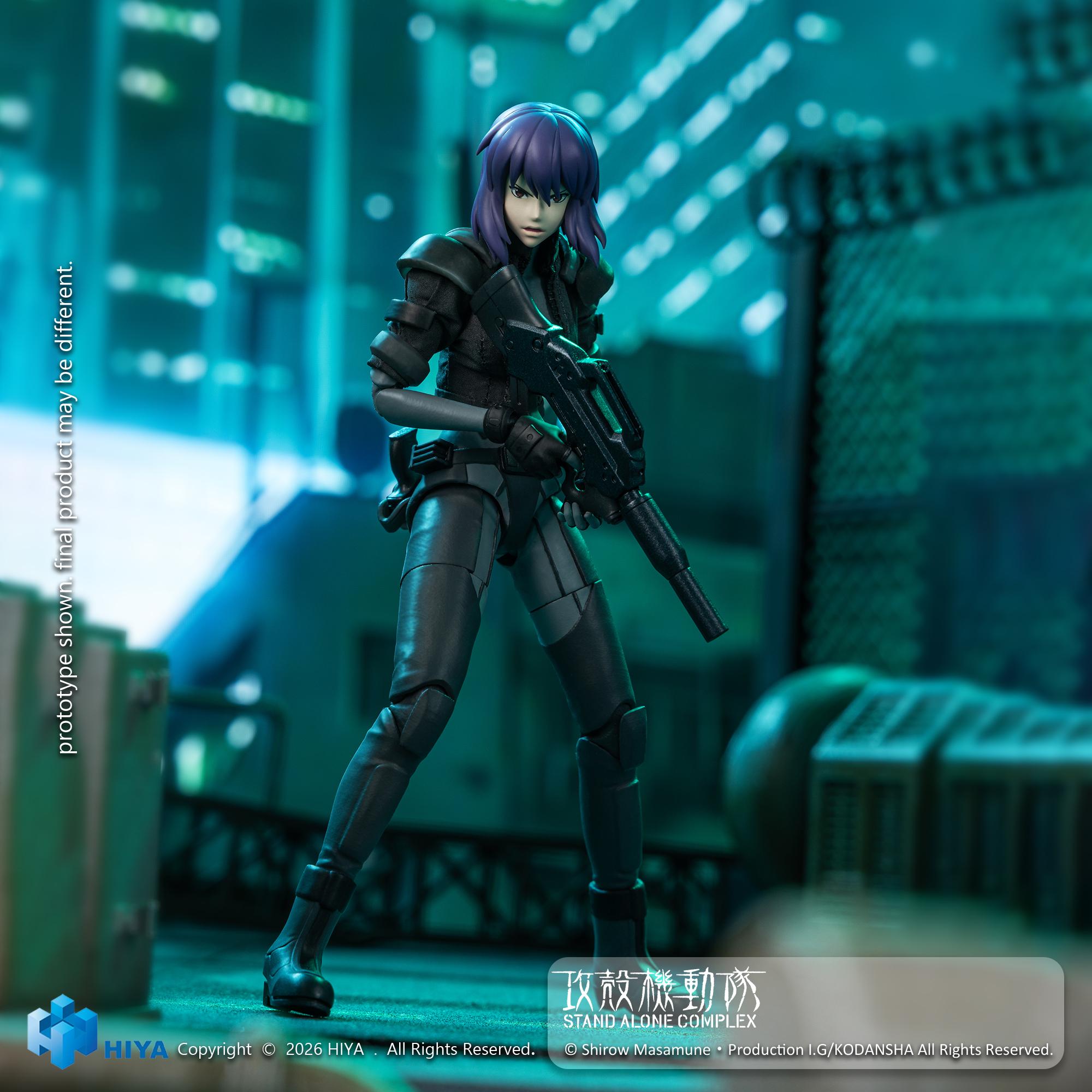 Tactical front view of Motoko Kusanagi in battle suit holding an assault rifle in a cyberpunk setting.