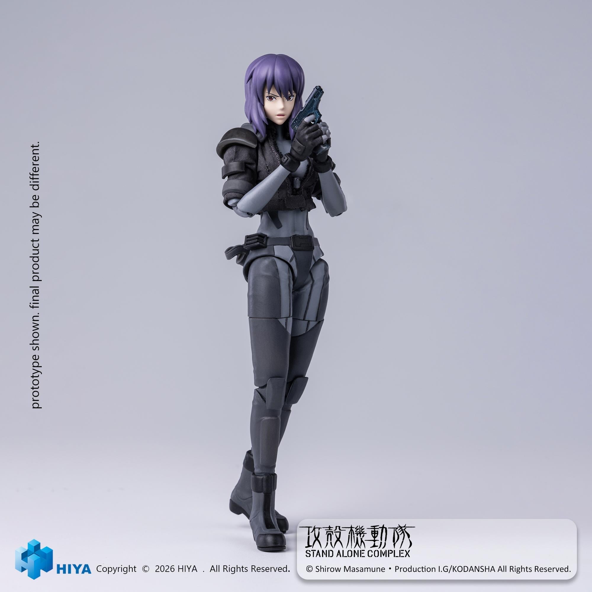 Studio portrait pose of Motoko Kusanagi action figure holding a pistol at ready position in dark tactical battle suit.
