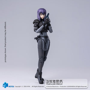 Studio portrait pose of Motoko Kusanagi action figure holding a pistol at ready position in dark tactical battle suit.