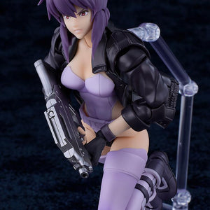 Low-profile crouching pose of the Motoko Kusanagi PLAMATEA kit utilizing the articulated stand for dynamic balance.