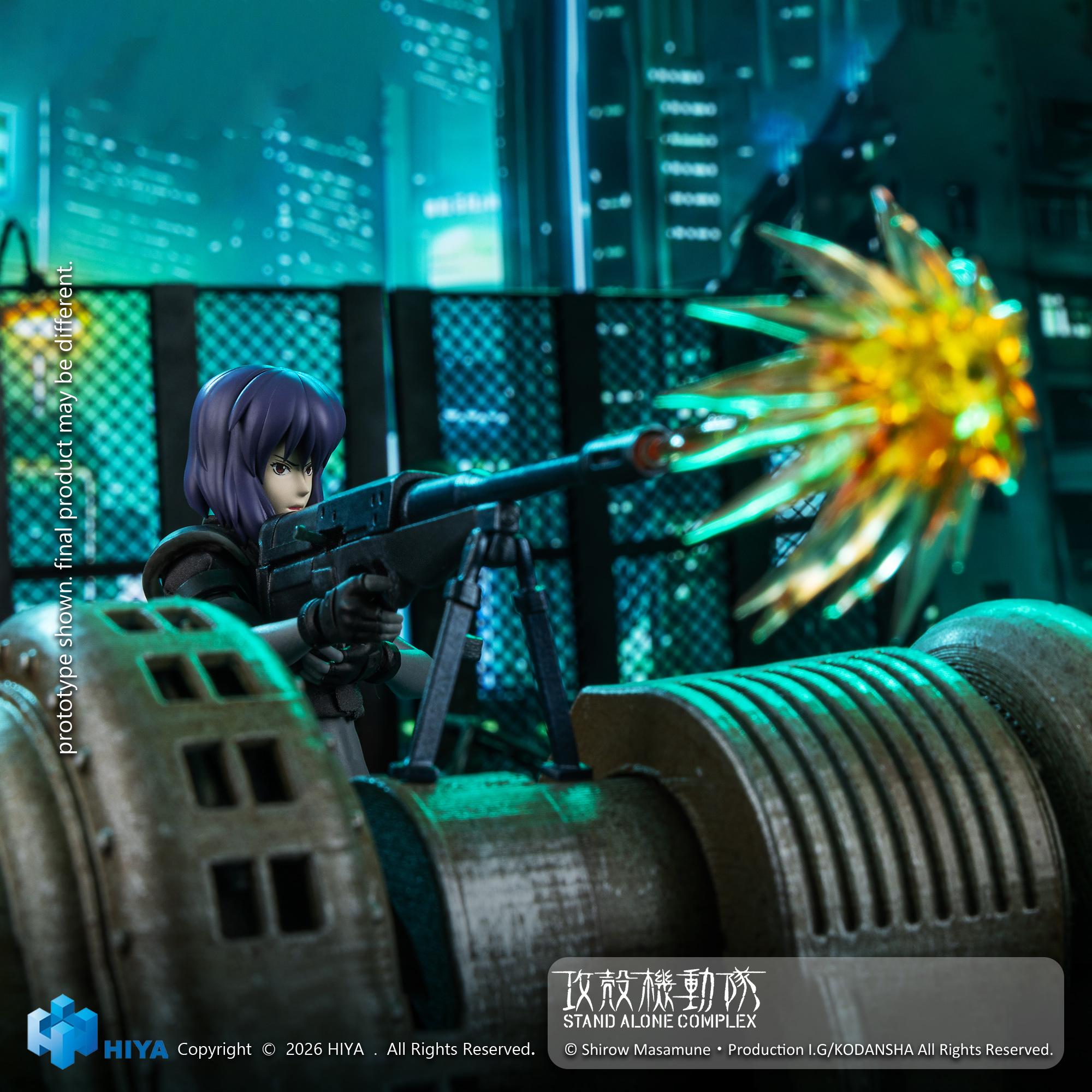 Motoko Kusanagi Battle Suit figure firing an anti-tank rifle with an attached yellow muzzle flash effect.