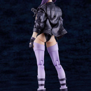 Rear view of the Motoko Kusanagi model kit highlighting the detailed texture and paintwork of her black tactical jacket.