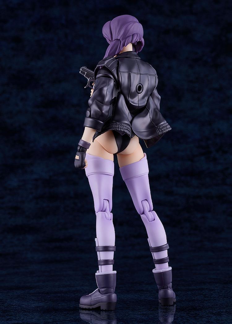 Rear view of the Motoko Kusanagi model kit highlighting the detailed texture and paintwork of her black tactical jacket.