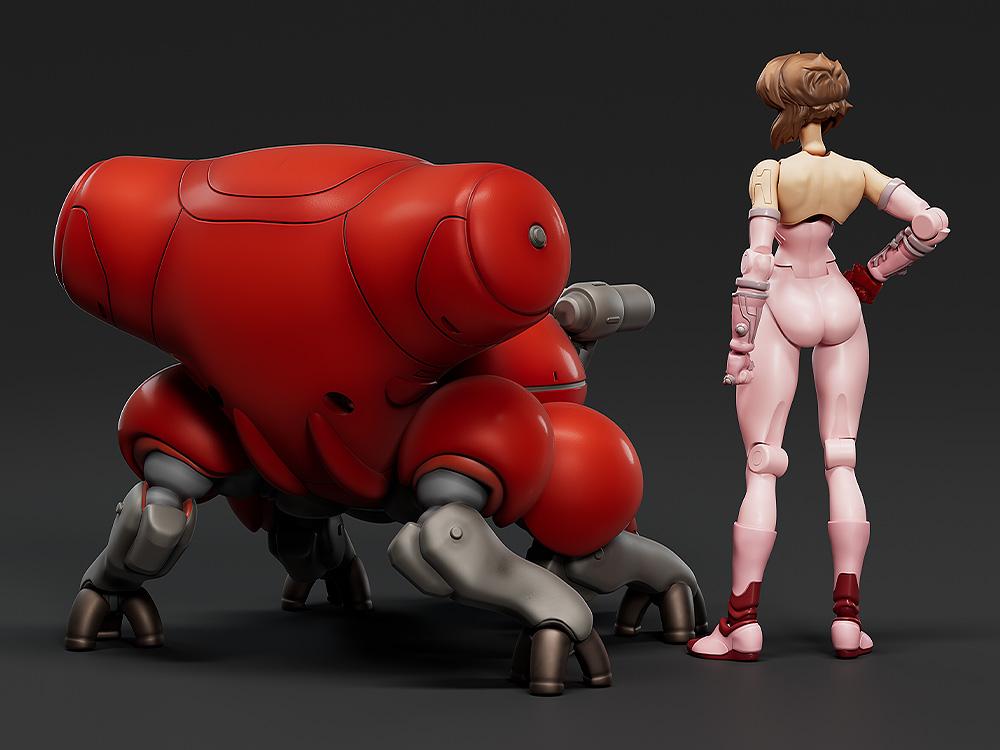 Back view of the 1/20 scale posable Motoko Kusanagi figure and the red Fuchikoma tank model kit, showcasing mechanical details and rear construction.