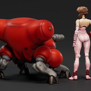 Back view of the 1/20 scale posable Motoko Kusanagi figure and the red Fuchikoma tank model kit, showcasing mechanical details and rear construction.