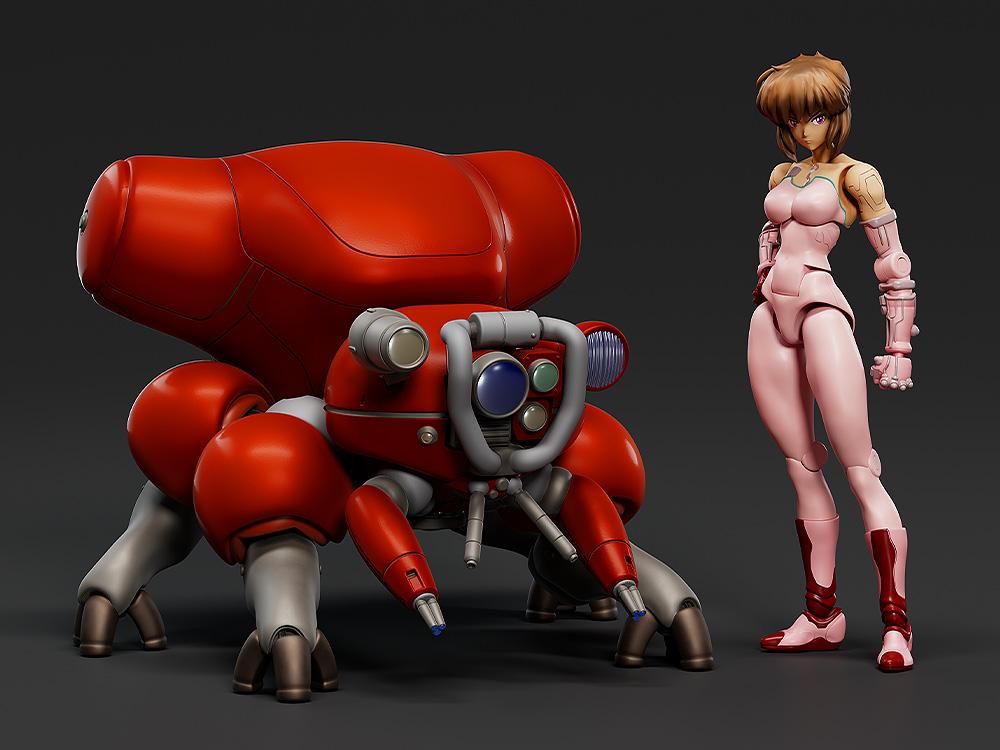 Front view studio shot of the Ghost in the Shell PLAMAX minimum factory Motoko Kusanagi and red Fuchikoma model kit on a dark gray background.