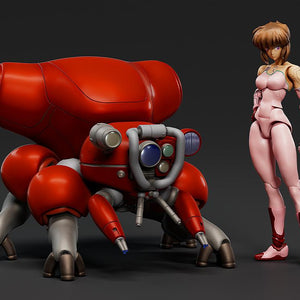 Front view studio shot of the Ghost in the Shell PLAMAX minimum factory Motoko Kusanagi and red Fuchikoma model kit on a dark gray background.