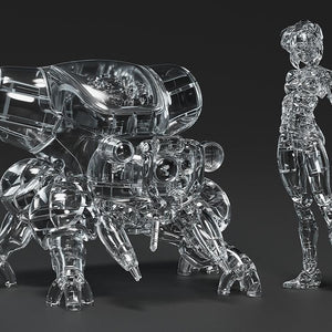 Studio product shot of the clear plastic Ghost in the Shell PLAMAX Motoko Kusanagi and Fuchikoma thermoptic camouflage version model kit, dark gray background.