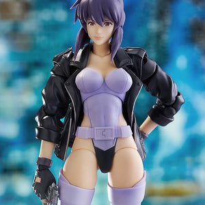 Close-up of the Motoko Kusanagi figure featuring the pre-painted smiling face plate and detailed leather jacket sculpt.