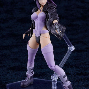 Motoko Kusanagi figure in a wide stance firing her Seburo pistol, showcasing the realistic proportions of the PLAMATEA line.