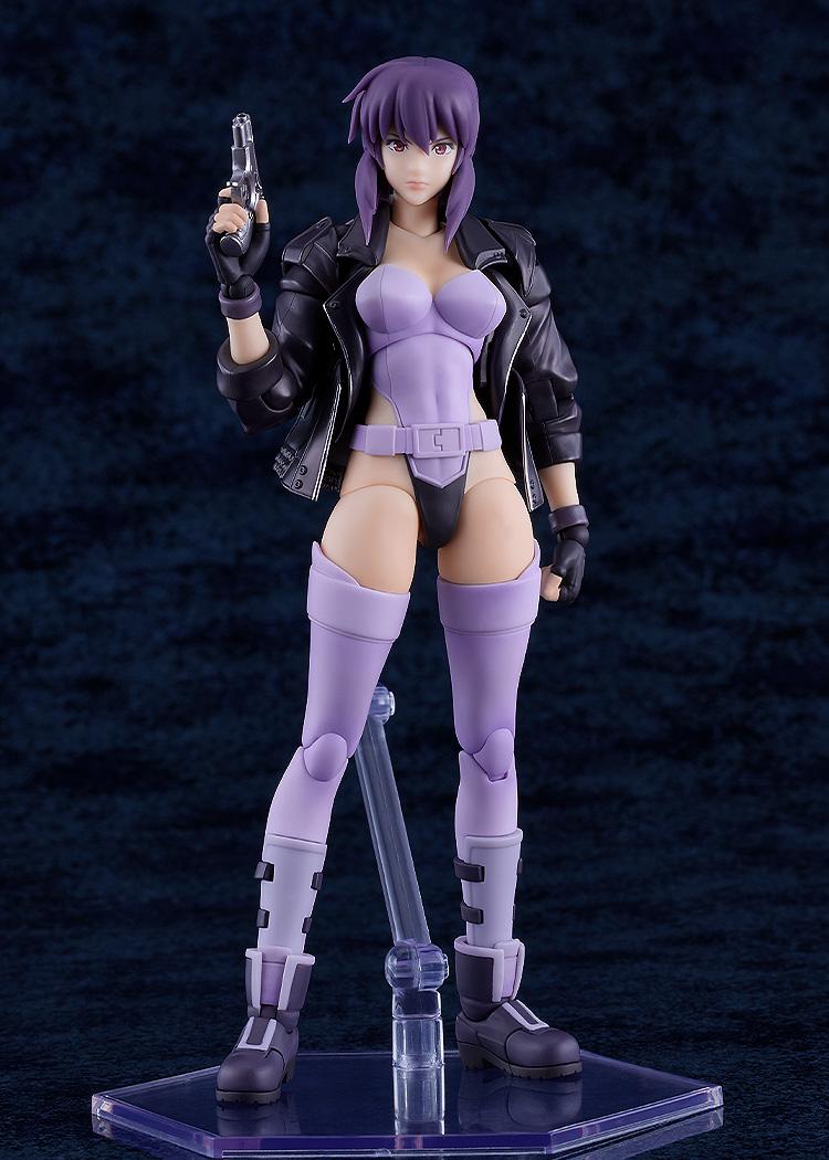 Full body shot of the Major Motoko Kusanagi figure on its articulated clear display stand in a standard tactical pose.