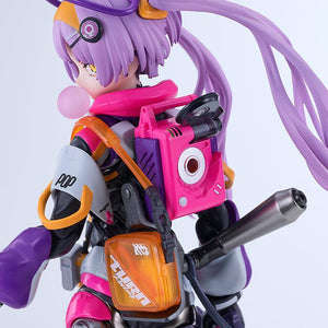 Detailed close-up of Pop Tracker's pink game console backpack, clear orange Turn pouch, exhaust muffler pipe, and purple twin tails.