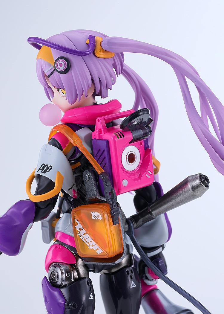 Detailed close-up of Pop Tracker's pink game console backpack, clear orange Turn pouch, exhaust muffler pipe, and purple twin tails.