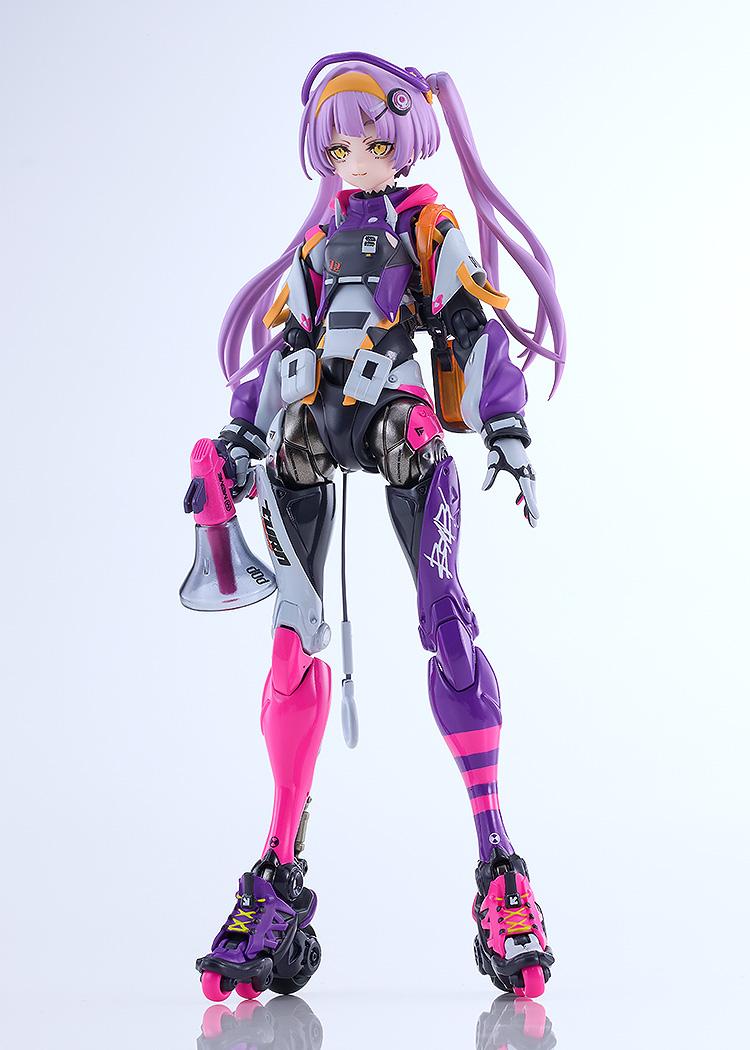 Centered studio portrait of the Pop Tracker action figure standing upright with megaphone lowered and normal smiling face.