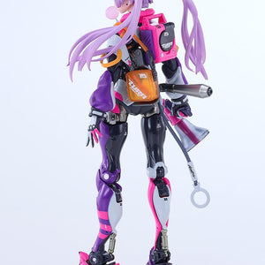 Rear three-quarter view showing the game console backpack, transparent orange PVC bag, exhaust pipe, and roller skates on Pop Tracker.