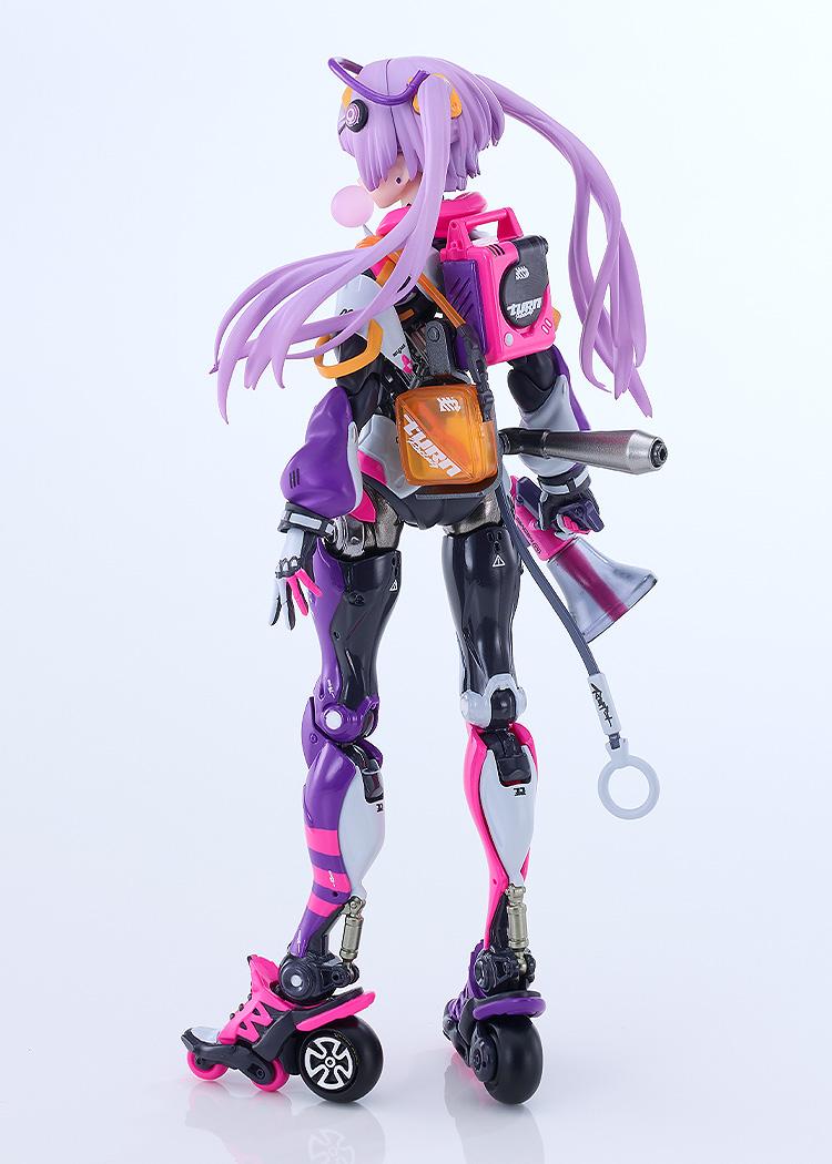 Rear three-quarter view showing the game console backpack, transparent orange PVC bag, exhaust pipe, and roller skates on Pop Tracker.
