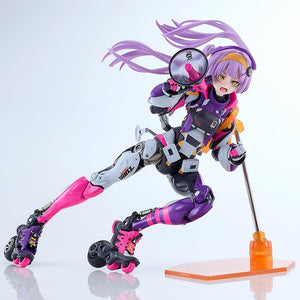 Dynamic low sliding turn pose of the Shojo-Hatsudoki Pop Tracker action figure carving a corner on inline roller wheels.
