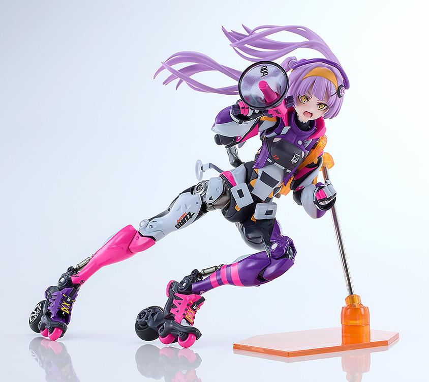 Dynamic low sliding turn pose of the Shojo-Hatsudoki Pop Tracker action figure carving a corner on inline roller wheels.