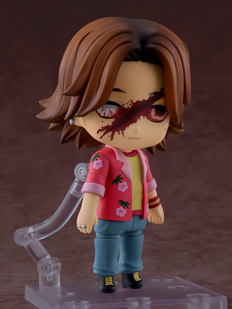 Mouthwashing Daisuke Nendoroid figure featuring the interchangeable bloody slash face plate on a dark backdrop.