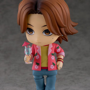 Mouthwashing Daisuke Nendoroid figure holding an umbrella cocktail glass accessory with a serious expression.