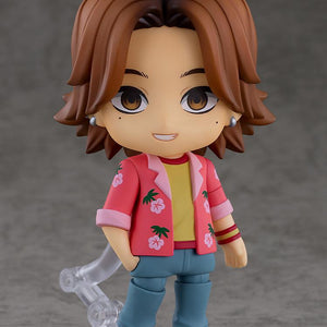 Mouthwashing Daisuke Nendoroid figure with smiling face plate and floral Hawaiian shirt on a clear stand.