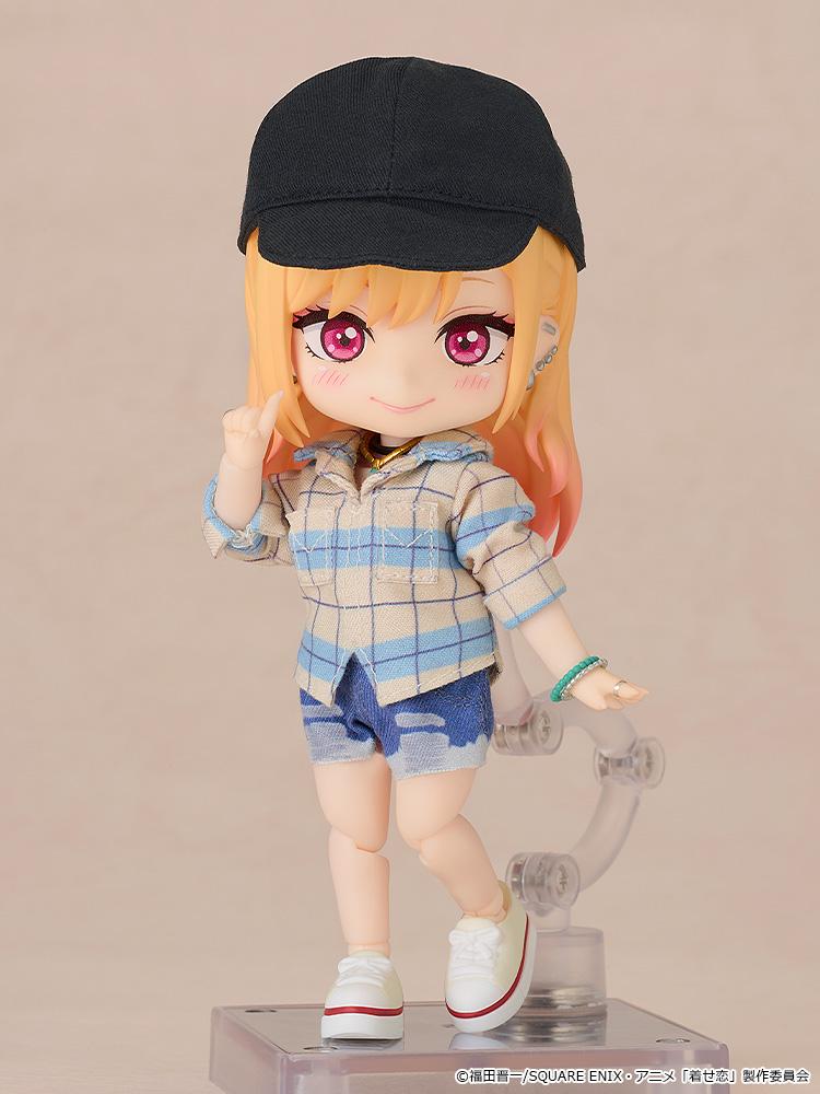 Full body standing pose of the Marin Kitagawa Nendoroid Doll on a magnetic display base.