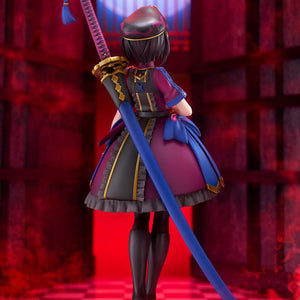 Rear angle shot of the Mysterious Ranmaru X scale figure in dramatic red ambient lighting showing the blue scabbard and long odachi.