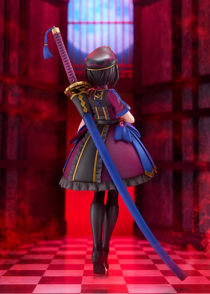 Rear angle shot of the Mysterious Ranmaru X scale figure in dramatic red ambient lighting showing the blue scabbard and long odachi.