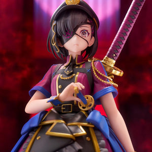 Detailed facial portrait of the Mysterious Ranmaru X figure under red lighting, focusing on her eyepatch markings and hat emblem.