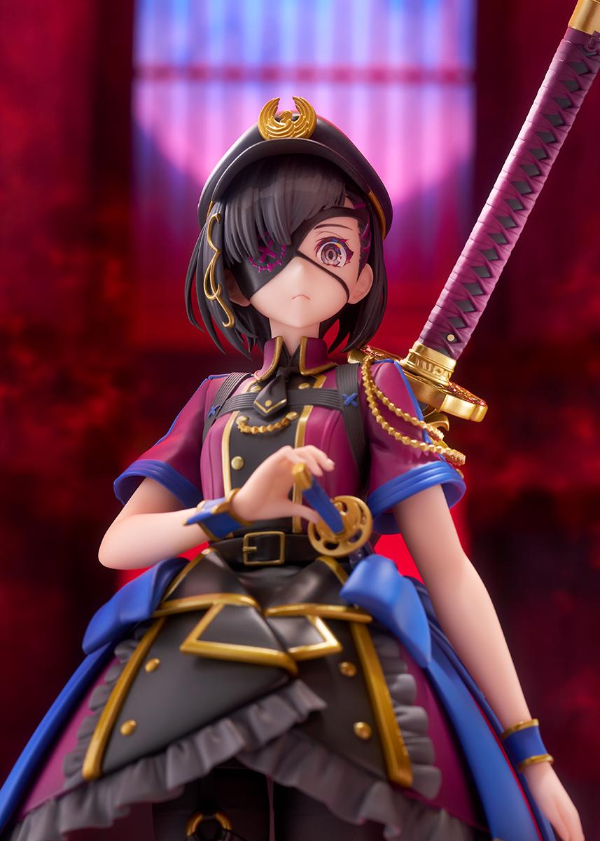 Detailed facial portrait of the Mysterious Ranmaru X figure under red lighting, focusing on her eyepatch markings and hat emblem.