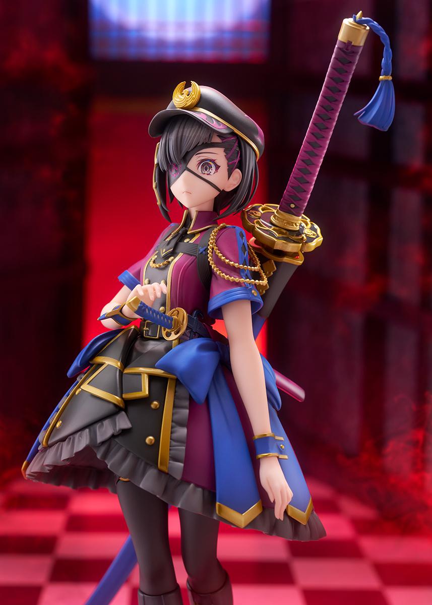 Three-quarter upper-body shot of the Fate/Grand Order Ranmaru X figure set against a glowing red moon backdrop.
