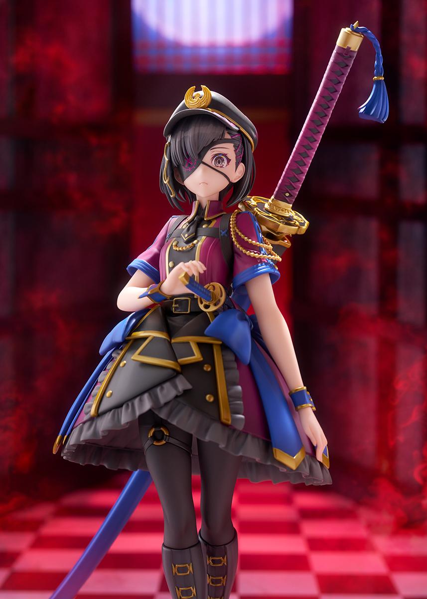 Medium shot of the 1/7 scale Mysterious Ranmaru X figure set against dramatic red background lighting showcasing her posture and swords.