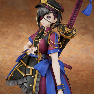 Close-up portrait of the Mysterious Ranmaru X figure focusing on her face, eye patch, peaked cap emblem, and shoulder epaulet chains.
