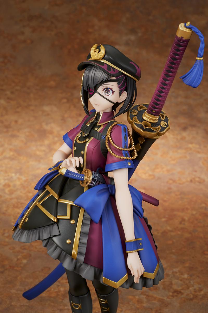 Close-up portrait of the Mysterious Ranmaru X figure focusing on her face, eye patch, peaked cap emblem, and shoulder epaulet chains.