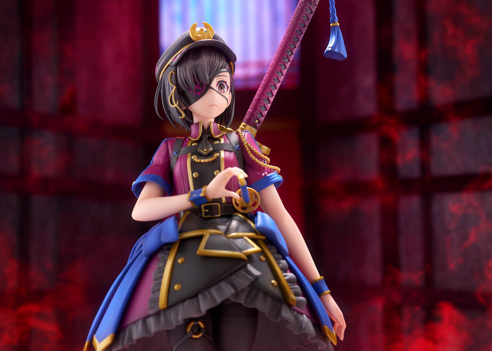 Close-up shot of the torso and face of the Mysterious Ranmaru X figure with dramatic red background effects.