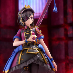Close-up shot of the torso and face of the Mysterious Ranmaru X figure with dramatic red background effects.