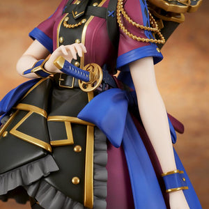 Close-up detail view of the waist area, gold buttons, belt, and saber hilt on the 1/7 scale Mysterious Ranmaru X figure.