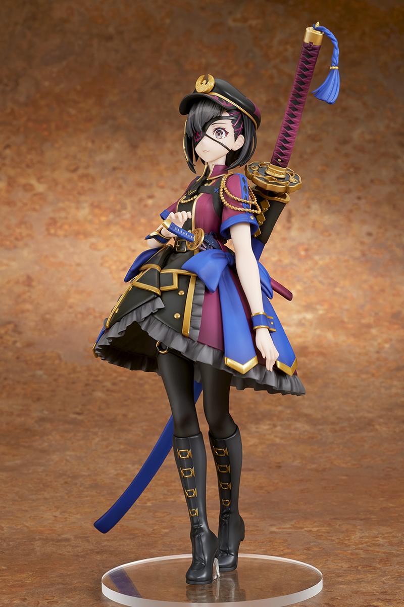 Three-quarter angle front view of the 1/7 scale Mysterious Ranmaru X figure, showing the large Ranmaru Blade odachi sword mounted on her back.