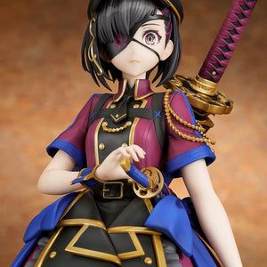 Medium upper-body shot of the Mysterious Ranmaru X figure highlighting her eyepatch, peaked cap, and uniform gold trim details.