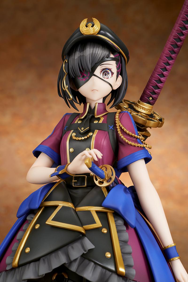 Medium upper-body shot of the Mysterious Ranmaru X figure highlighting her eyepatch, peaked cap, and uniform gold trim details.
