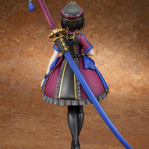 Rear view of the 1/7 scale Mysterious Ranmaru X figure, displaying the back of her uniform, layered skirt, and towering odachi scabbard.