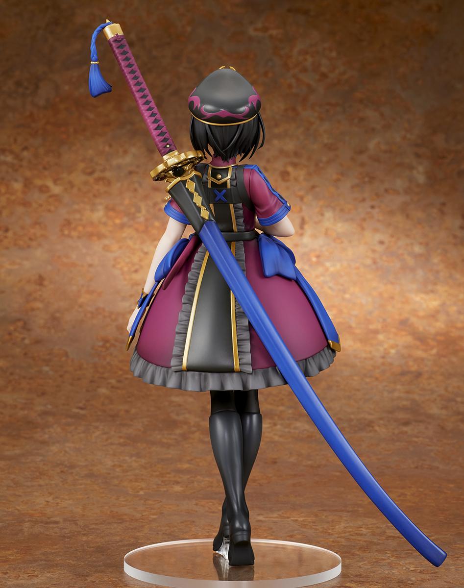 Rear view of the 1/7 scale Mysterious Ranmaru X figure, displaying the back of her uniform, layered skirt, and towering odachi scabbard.